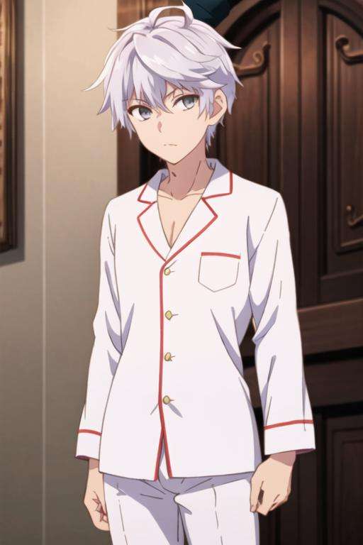 masterpiece, best quality, , 1boy, solo, male focus, looking at viewer, , , <lora:lugh_tuatha_de:0.70>, lugh_tuatha_de, white hair, grey eyes, pajamas, hat