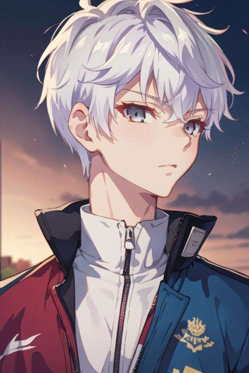 masterpiece, best quality, illustration, 1boy, solo, male focus, looking at viewer, upper body, depth of field, <lora:lugh_tuatha_de:0.74>, lugh_tuatha_de, white hair, grey eyes, track suit,