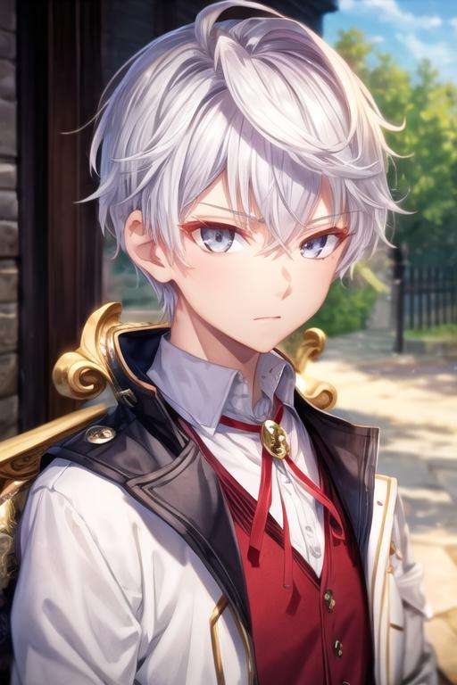 masterpiece, best quality, , 1boy, solo, male focus, looking at viewer, upper body, depth of field, <lora:lugh_tuatha_de:0.64>, lugh_tuatha_de, white hair, grey eyes, ,