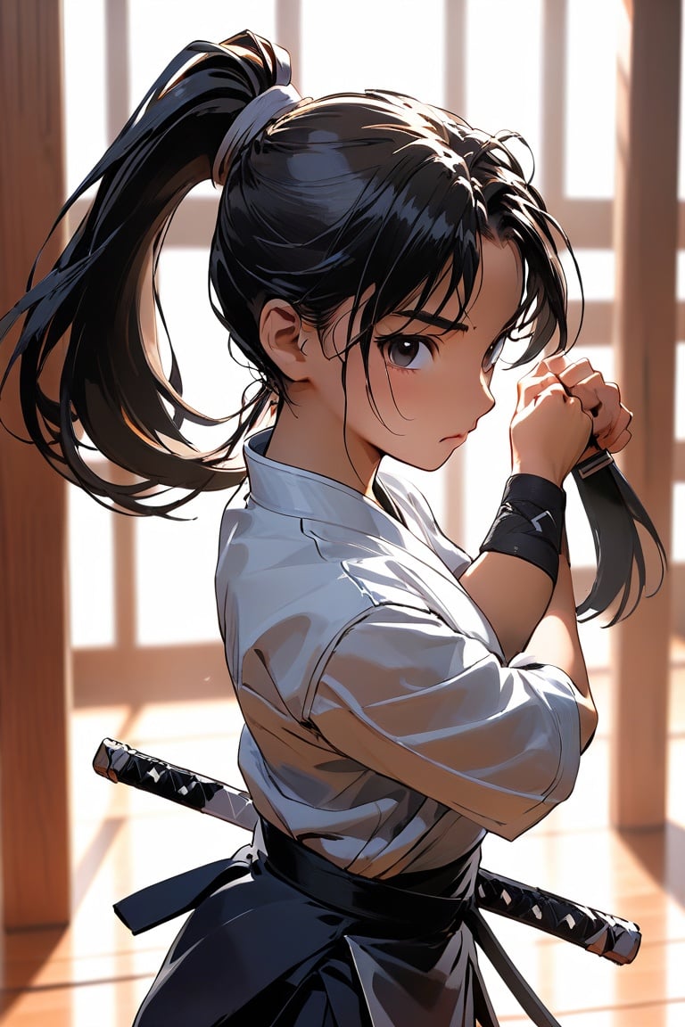 1 girl, teenager, sword, practicing, focused expression, long hair, black hair, tied in a ponytail, athletic build, determined, sword swinging motion, traditional clothing, dojo, wooden training sword, martial arts, concentration, intense training, sweat, dojo floor, sunlight streaming in, martial arts master, wooden panels, dojo mats, disciplined, precision, dedication, graceful movements, martial arts uniform, training session.