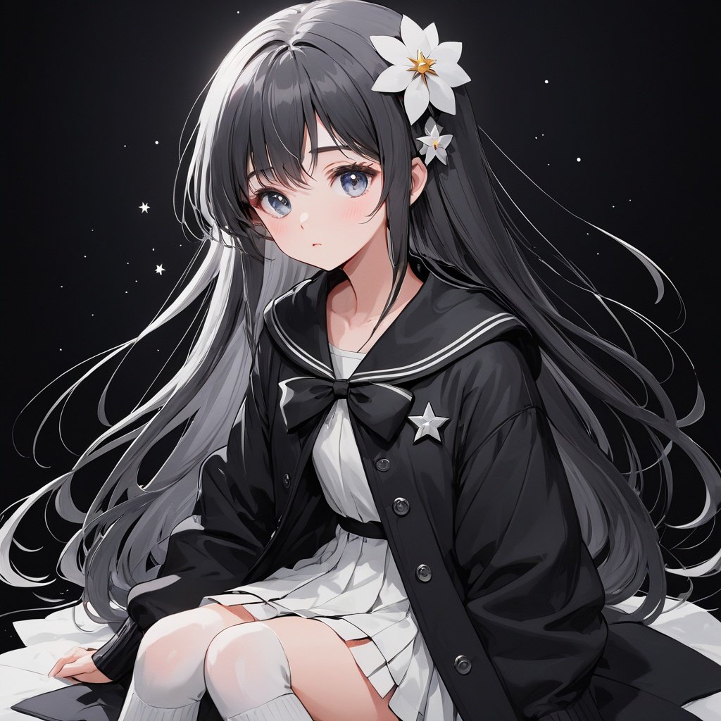 (1girl:0.6), thin, very long hair, black and grey hair, grey eyes, (detailed eyes), small breasts, black coat, white lining, white skirt, socks, closed mouth, (sad), star, Bow head, white flower, (black background), masterpiece, best quality, official art, extremely detailed CG unity 8k wallpaper, cozy anime