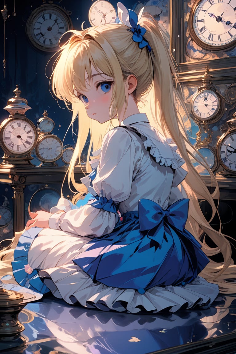 ultra-detailed,(best quality),((masterpiece)),(highres),original,extremely detailed 8K wallpaper,(an extremely delicate and beautiful),,anime,,Alice in Wonderland,1girl blonde straight hair serious stocking sit clocks ( manga-anime , gradient by Yuumei Victo Ngai),