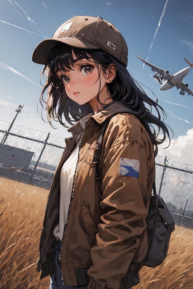 (dutch angle:1.2),  masterpiece, best quality, (chain-link fence:1.3), 1girl, solo, airport, plane, contrail, outdoors, dry grass, black hair, brown jacket, white baseball cap , floating hair, cinematic angle