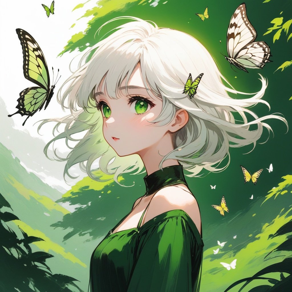 1girl,(masterpiece, best quality),1girl, white hair, green eyes, looking up, floating hair, butterfly, from side, wings, nature,inksketch
