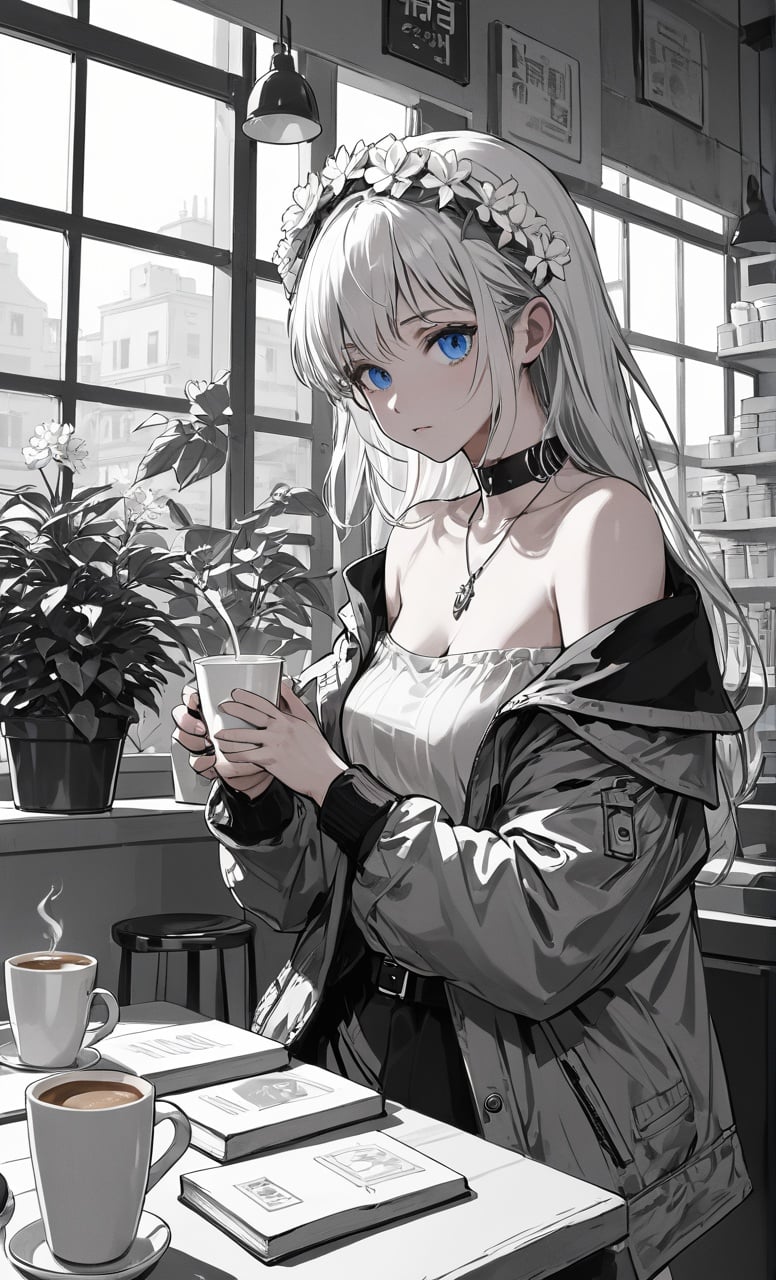 (monochrome:1.2), highly detailed, best quality, illustration, highres, extremely detailed wallpaper,sketch, flat color, anime screencap, , realistic,  a beautiful girl, blue eyes, white hair, bangs, head gear, necklace, tattoo, off shoulder, jacket removed, planted_sword, coffee shop,  indoors, windows, book stack,cups, pencil, mirror,  plant, leaves,  flowers, nature,   wind, outdoors, reflection,  depth of field, delicate foreground,    extremely delicate background,