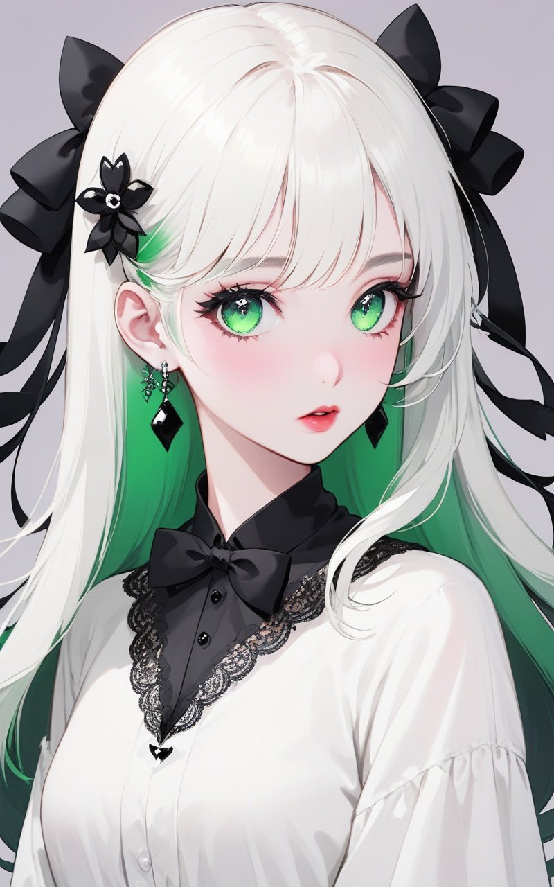 masterpiece, best quality, 1girl, solo, long hair, twin tails, hair buns, multicolored hair,two-tone hair, white hair, green hair, black hair,bangs, makeup, black lips, lipstick, mascara, eyeshadow, cross necklace, hair bow, front bow, lace jacket, lace gloves, fishnets, black leggings, gothic attire, dynamic angle, side lighting, shiny skin, detailed eyes, detailed face,