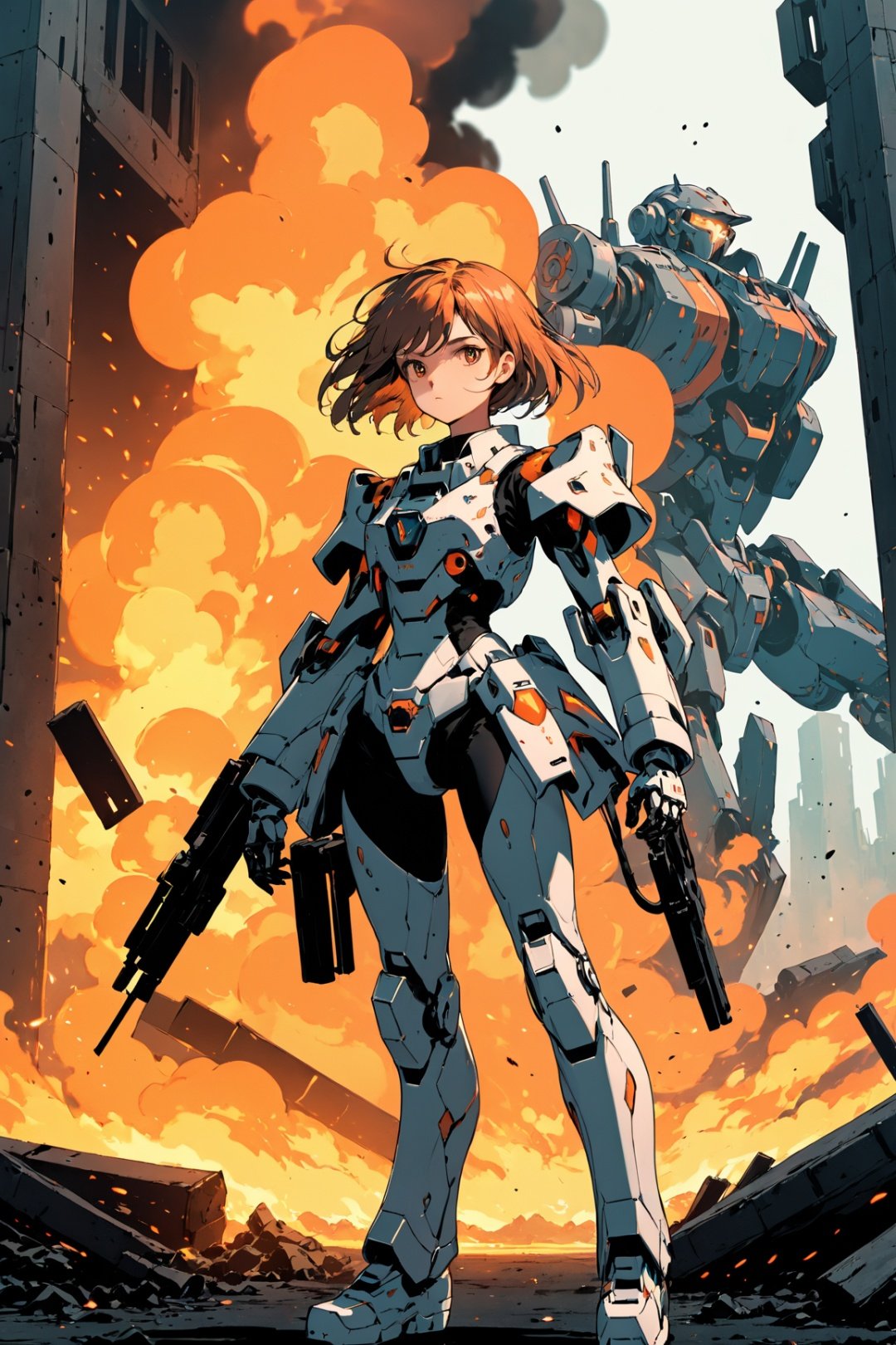 1girl,Mecha,War, ruins, smoke, explosions, flames,