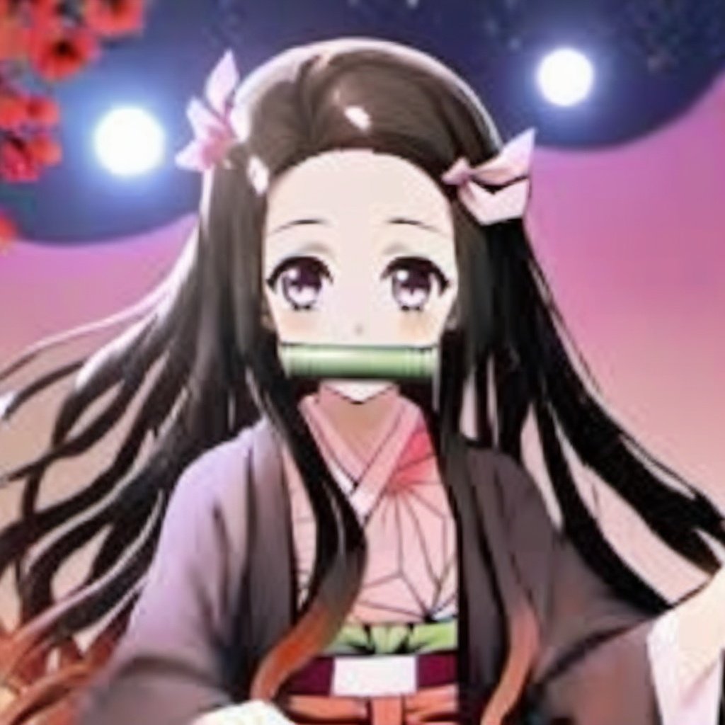 KamadoNezuko, 1girl, long hair, solo, japanese clothes, kamado nezuko, moon, kimono, bit gag, black hair, ribbon, looking at viewer, night, sitting, full moon, hair ribbon, bamboo, pink kimono, pink ribbon, multicolored hair, checkered sash, haori, sash, forehead, very long hair, outdoors