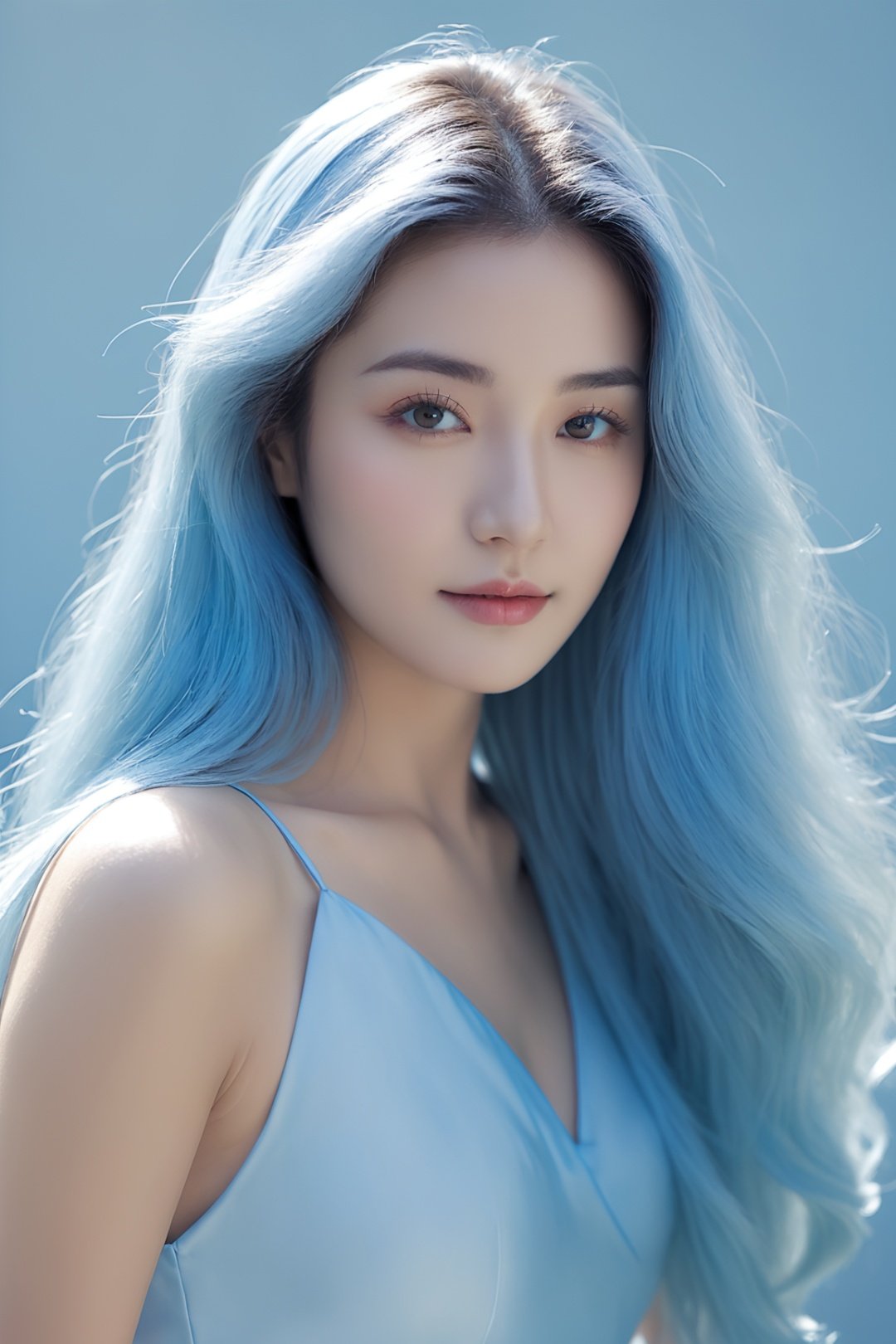 a woman,light blue long hair,clear focus,looking at viewer,light shadow contrast,