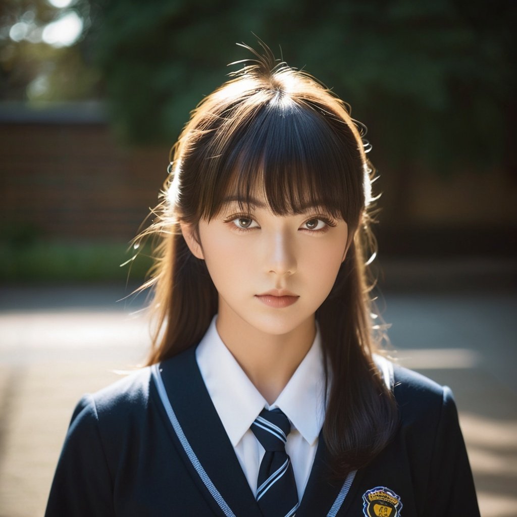 a woman,looking at viewer,halftone,swept bangs,school uniform,distinct image,Natural Volumetric Lighting And Best Shadows,Sharp Focus,medium hair,