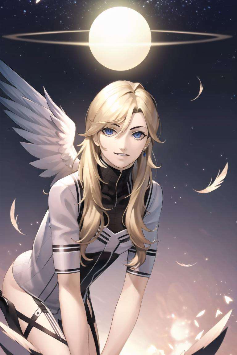 best quality, masterpiece, solo, <lora:kazuma_kaneko-10:0.9>, 1boy, blonde hair, long hair, looking at viewer, light smile, halo, feathered wings,