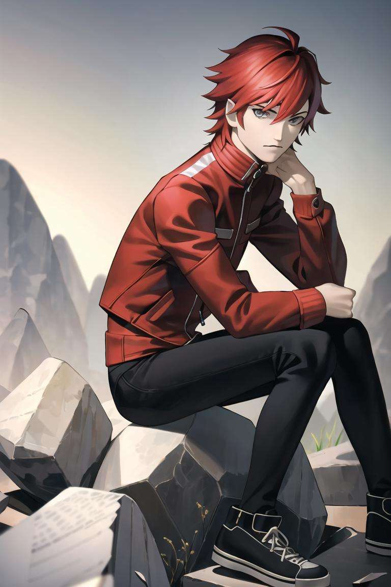 best quality, masterpiece, solo, <lora:kazuma_kaneko-10:0.8>, 1boy, red hair, jacket, scouter, sitting, rock, upper body,