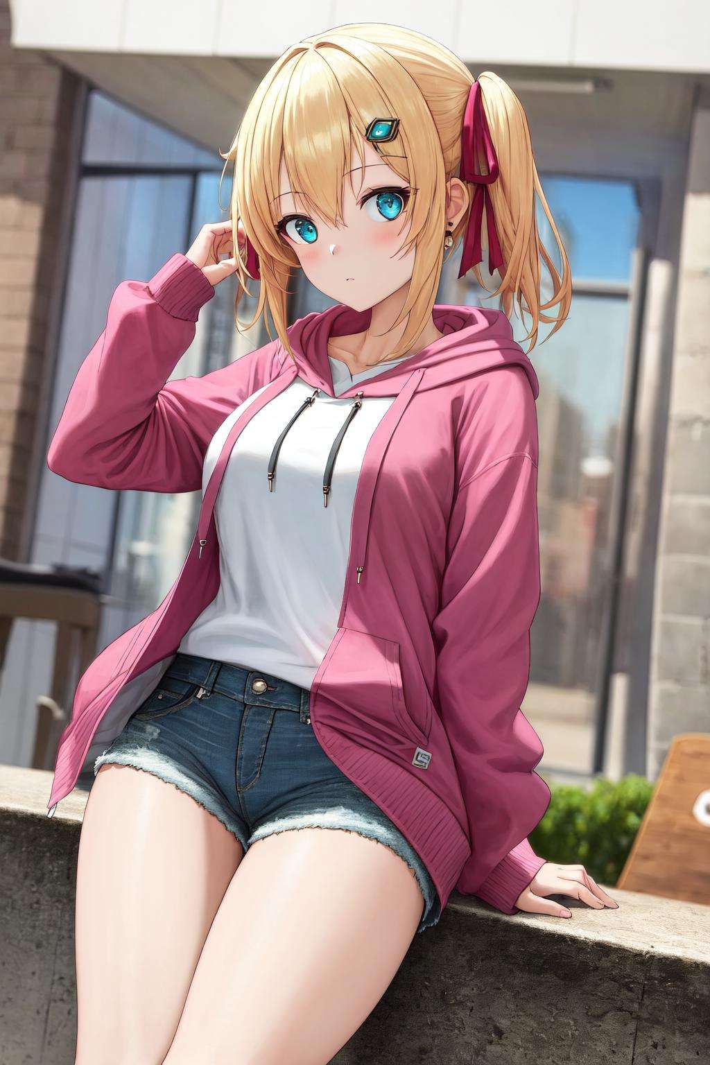 masterpiece, best quality, highres, 1girl hair ornament hair ribbon <lora:emma_brightness_no_outfit:1> hoodie, denim shorts