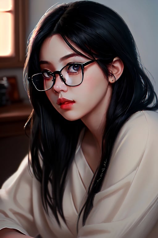 Ajmryzbun, Pretty, 1 girl, snob, cute, long black hair, raw, hires, 8K, Hyper-realism, soft light, slighty_chubby, wearing glasses 