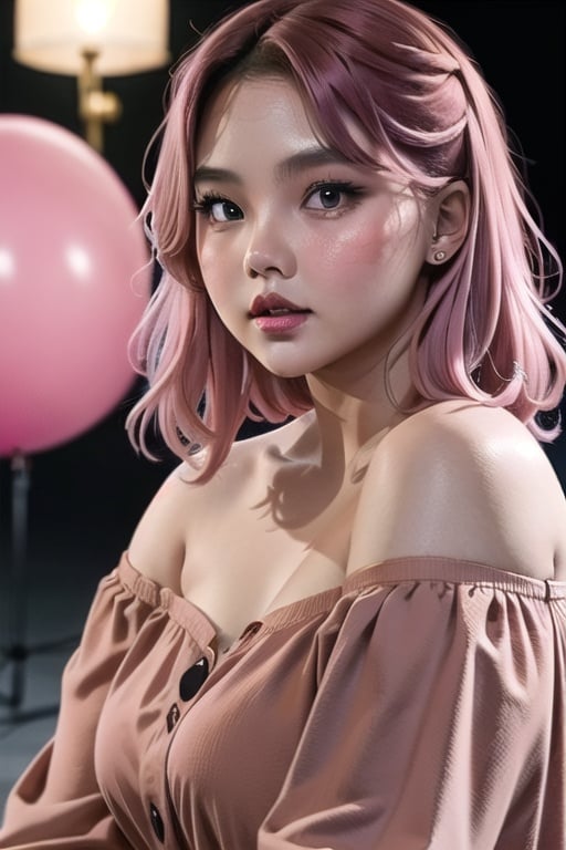 Ajmrxyz, woman, closeup, pink hair, ((18 yo)), ((rounder cheeks)), chubby cheeks, long curly hair, cute,  pink lips, wearing a red off shoulder blouse, Raw, 8K, 3 point lighting, extraordinary background, fantastic background, hires,Ajmryzbun