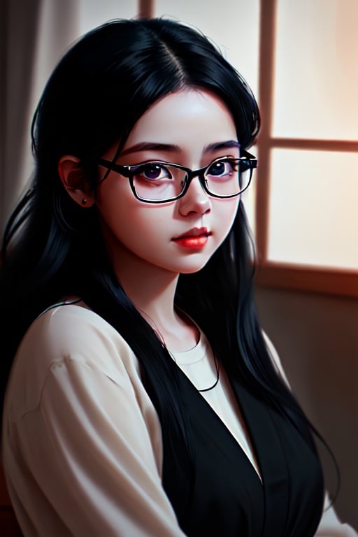 Ajmryzbun, Pretty, 1 girl, snob, cute, long black hair, raw, hires, 8K, Hyper-realism, soft light, slighty_chubby, wearing glasses 