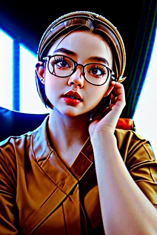 Ajmryzbun, Pretty, 1 girl, snob, cute, short brown hair, raw, hires, 8K, Hyper-realism, soft light, wearing glasses on her head, snobbish