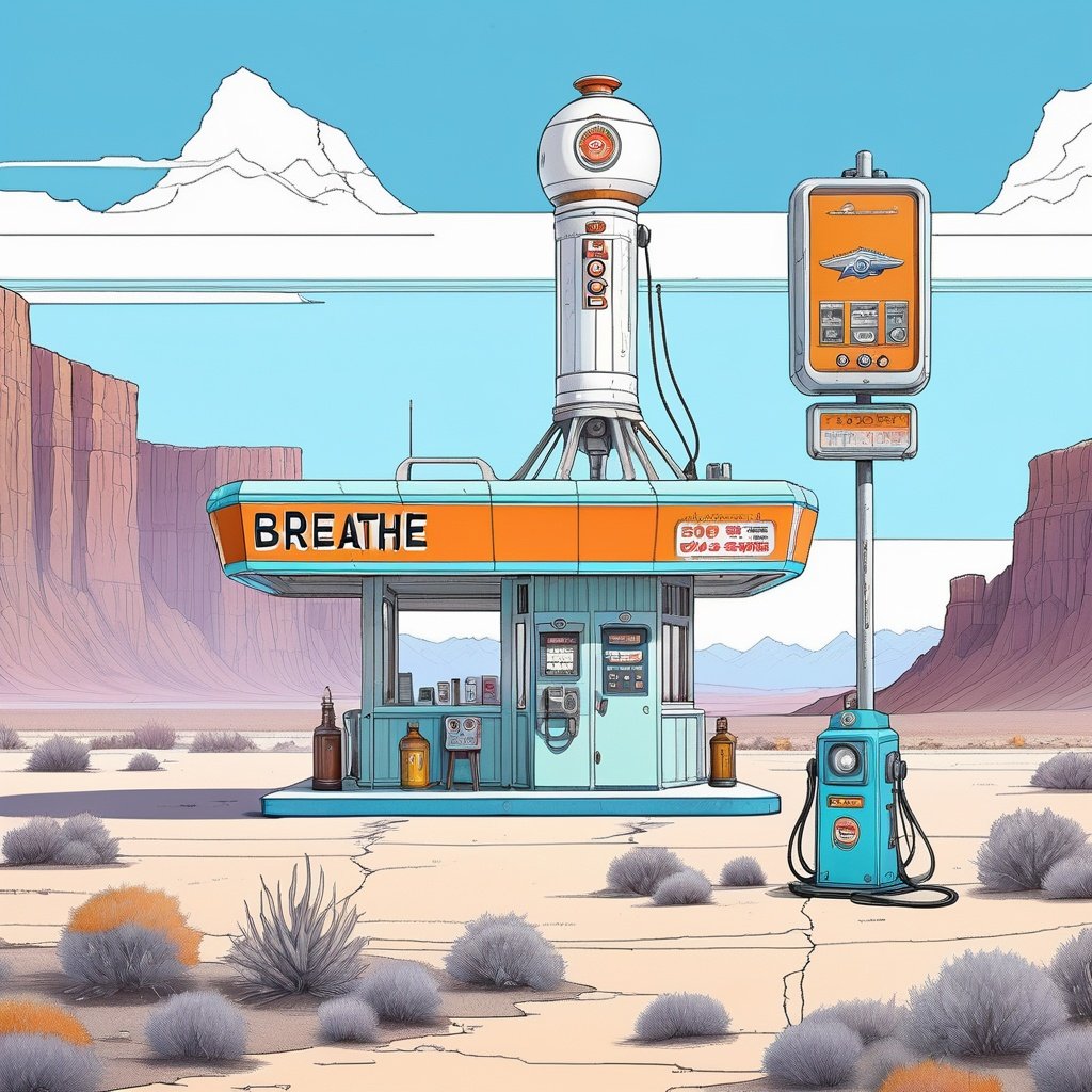 coloring book page, blackwork, in a style of simon stalenhag tales from the loop, retro futuristic style, An old, tiny abandoned gas station in the middle of the desert, (((signboard saying BREATHE))), mountains, ((on mountains there is a rusty huge sonic robot)), looking to viewer, cobweb, old, artstation, digital art,<lora:drawingstyle:0.8> <lora:drawingbooksdxl2:0.55>