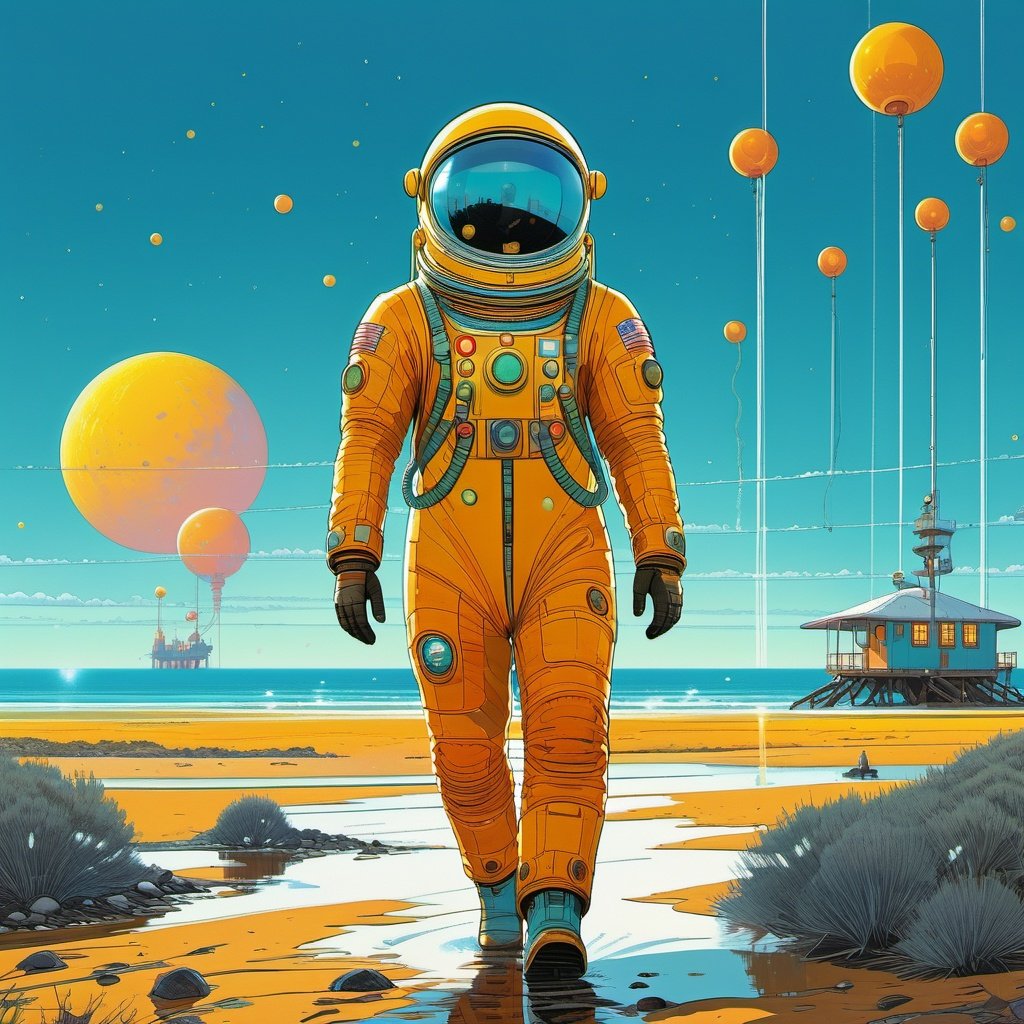 c0l0 style, in the style of simon stalenhag, (masterpiece), (best quality), highly detailed illustration, A wanderer in a time-worn golden spacesuit, strolling along the edge of a phosphorescent sea under twin moons<lora:straightsyle:0.89> <lora:add-detail-xl:1.5>  <lora:coloringbooksdxl:0.69>