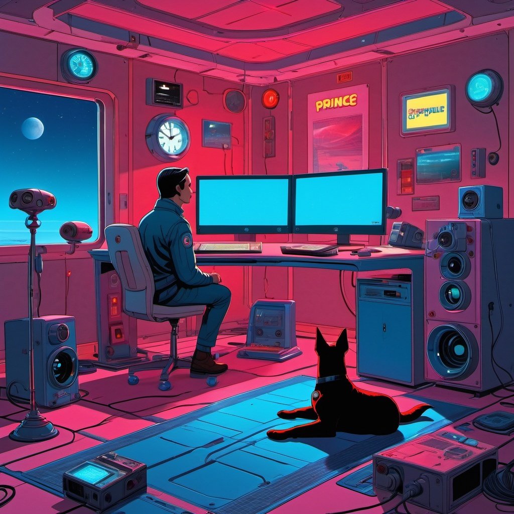 aw0k straightstyle, in the style of simon stalenhag, retro futurism, (masterpiece) , (best quality) , (digital painting) , wide angle, Big minimalist space ship, control center, blue tones, big lcd screens and control panels like the most complicated aircraft, strange red metallic wheel that resembles a ship's, with couple buttons on it, a prince like man stands in the middle of the room, melancholy, expressionless, from the back, wide shot, and a dog sleeps on the corner, peacefully, have a analog clock which 4:20 on the wall. , Simple illustration, Dragonpunk, cosmic energy, Movie concept art, (broken lamp), (neon lights:0.95)  <lora:straightsyle:0.69>