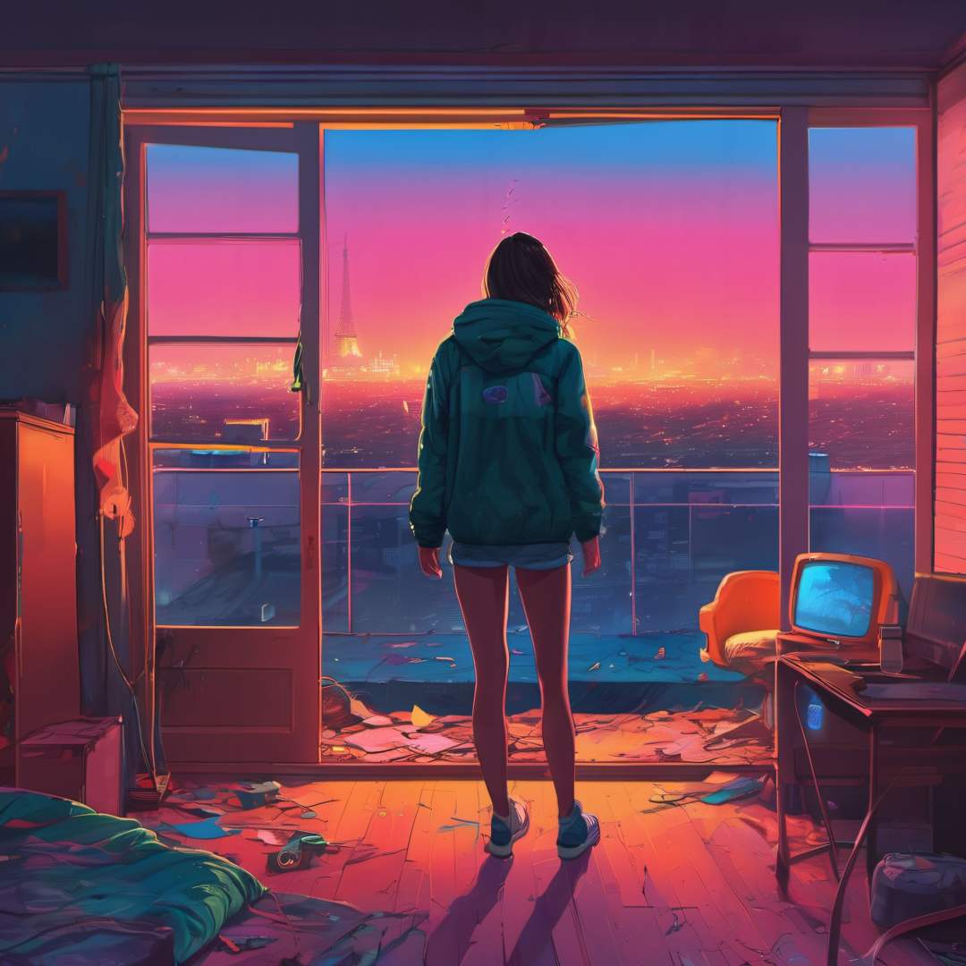 in the style of simon stalenhag, (masterpiece), (best quality), (digital painting), in a messy room, wide angle, a girl looking down through balcony, full body, eiffel tower, neon lights, naked, nsfw, <lora:straightstyle:0.8>