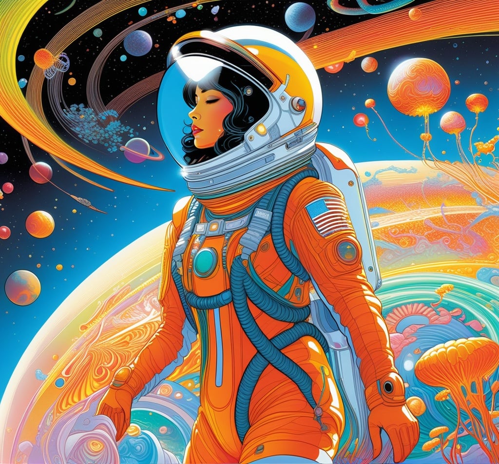 [buzimage] (masterpiece), (best quality), (ultra-detailed), (highly detailed digital painting), Moody backlit render of crenelated chrome space - suits protect the jovial dancing jellyfish princess from certain doom as the planet they orbit sends elastic neuronal nets attack them, tristan eaton, victo ngai, maxfield parrish, artgerm, koons, ryden, intricate details, 3 / 4 view, space scene, black background, vibrant colors, neon lights, <lora:drawingstyle:1> 