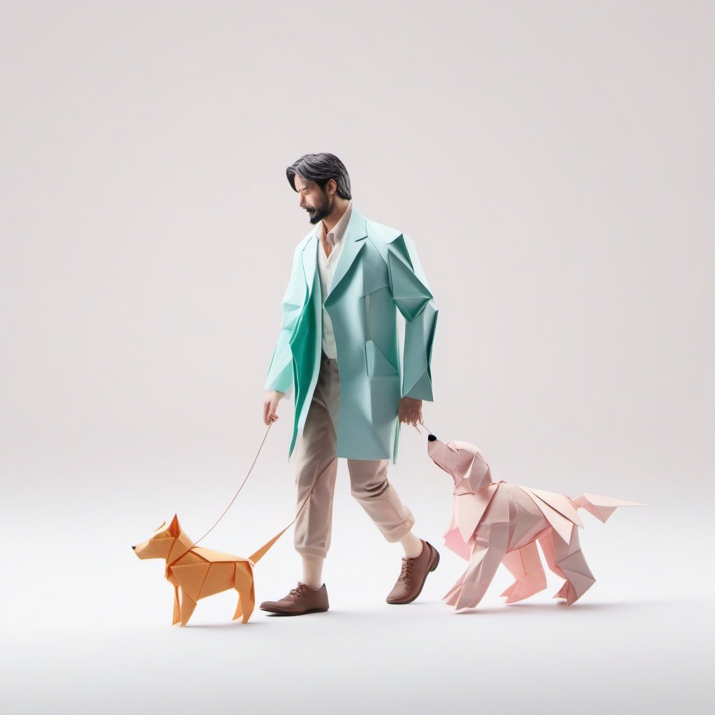 origami style, A  man walking with his dog , studio lighting, white background, pastel colors