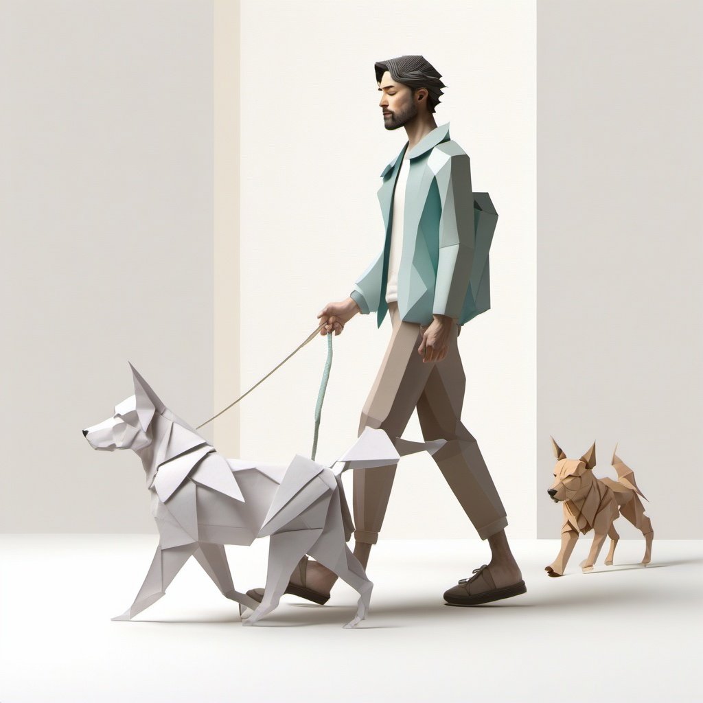 origami style, A  man walking with his dog , studio lighting, white background, pastel colors