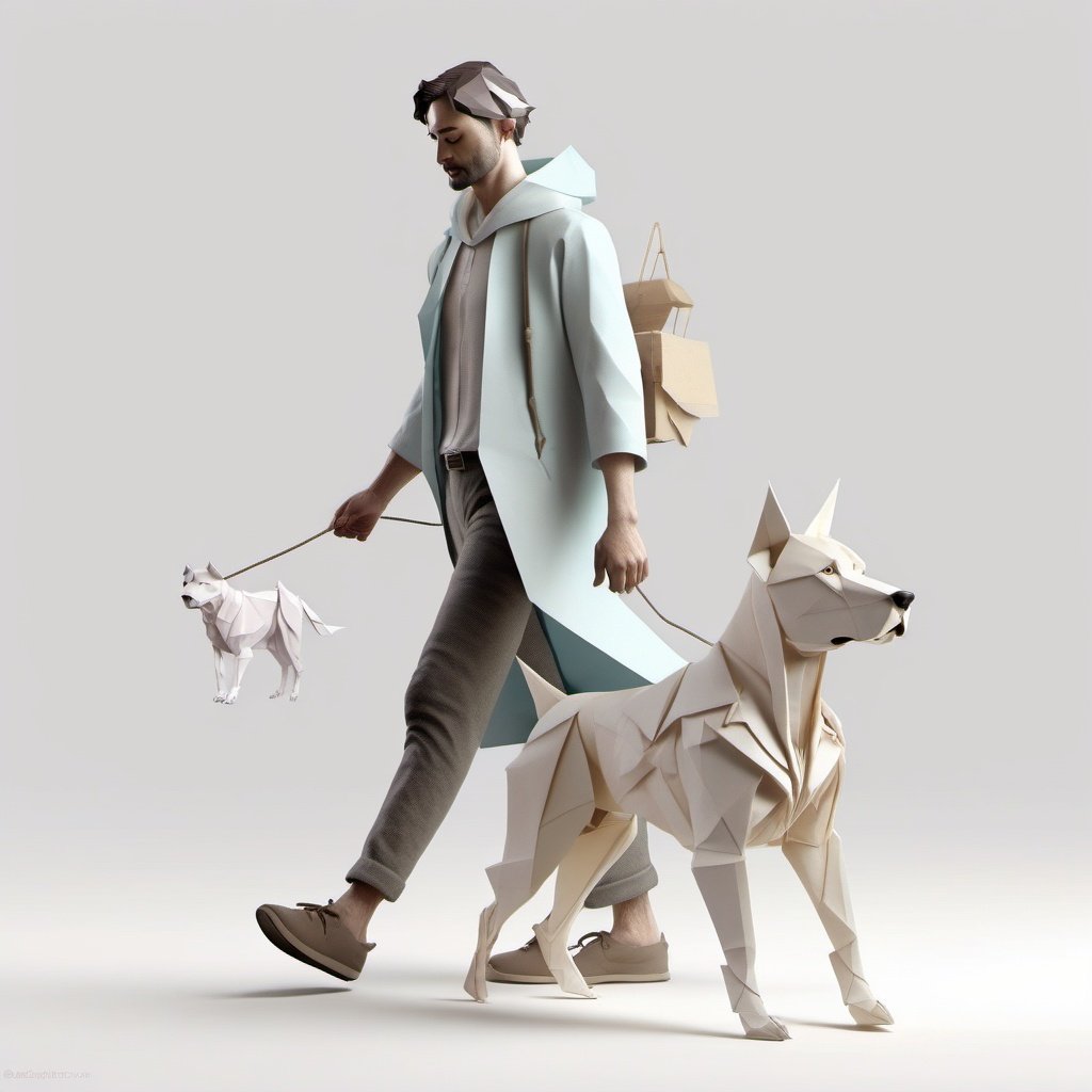 origami style, A  man walking with his dog , studio lighting, white background, pastel colors