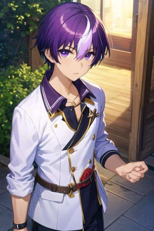 masterpiece, best quality, game cg, 1boy, solo, male focus, looking at viewer, , , <lora:moroha_haimura:0.64>, moroha_haimura, purple hair, multicolored hair, purple eyes, white hair, two-tone hair, gakuran,