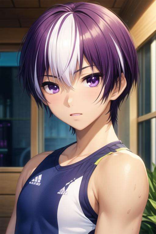 masterpiece, best quality, game cg, 1boy, solo, male focus, looking at viewer, upper body, , <lora:moroha_haimura:0.66>, moroha_haimura, purple hair, multicolored hair, purple eyes, white hair, two-tone hair, sportswear,