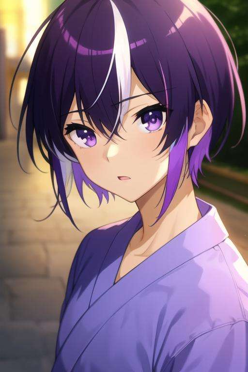 masterpiece, best quality, , 1boy, solo, male focus, looking at viewer, , depth of field, <lora:moroha_haimura:0.72>, moroha_haimura, purple hair, multicolored hair, purple eyes, white hair, two-tone hair, yukata,