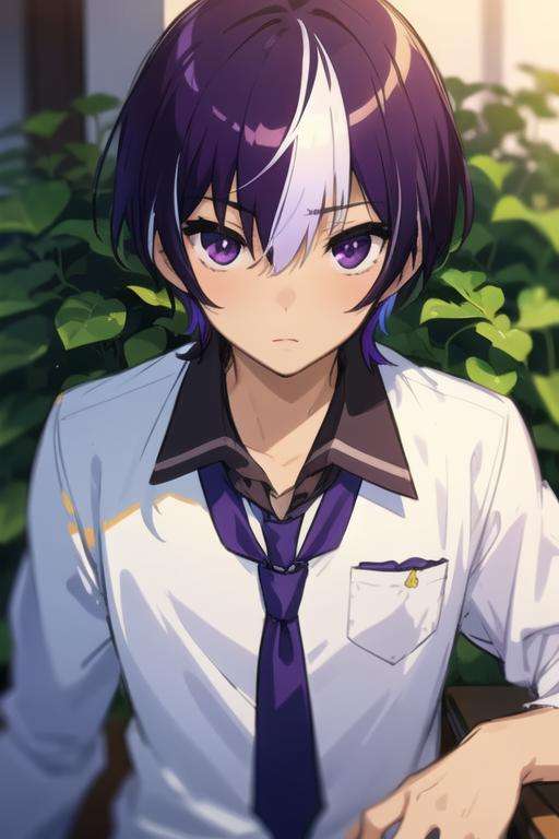 masterpiece, best quality, sketch, 1boy, solo, male focus, looking at viewer, , depth of field, <lora:moroha_haimura:0.68>, moroha_haimura, purple hair, multicolored hair, purple eyes, white hair, two-tone hair, school uniform,