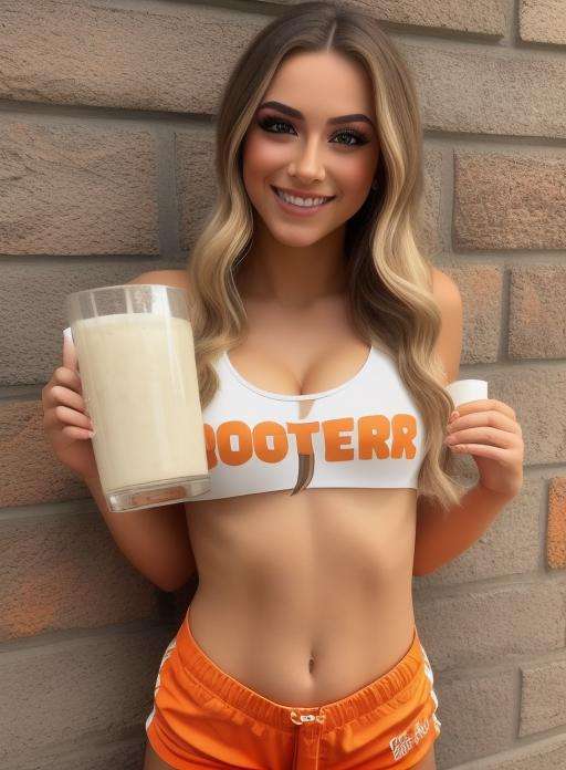 masterpiece, perfect eyes, beautiful faces, makeup, smile, professional photo, natural lighting, full body, perfect face, makeup, young woman, realistic photo, Hooters,  <lora:HootersV1:0.7>, beautiful face, perfect face, masterpiece, holding cum mug, orange shorts, white shirt, <lora:cumMugLora_cumMugLora:1>