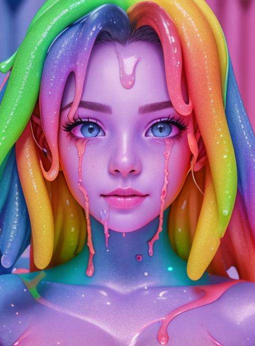 rainbow, slimes goopy slime skin photo realistic closeup portrait face in kitchen <lora:slimes_realistic-1:0.9> pretty eyes,