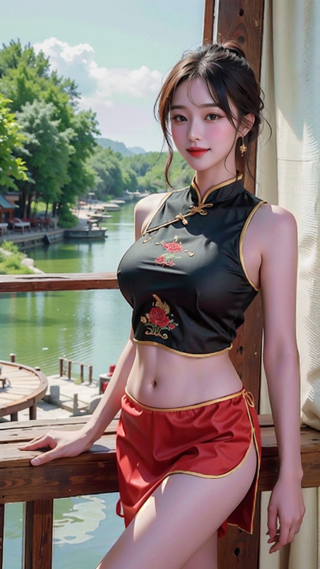 (8k, best quality, masterpiece:1.2), (realistic, photo-realistic:1.37),ultra-detailed, cute,detailed, zhongguodudouxin,<lora:zhongguodudouxin2-000007:0.7>,1 girl, standing by the lake, wearing a bellyband, showing a sweet smile, upper body perspective,wearing a skirt