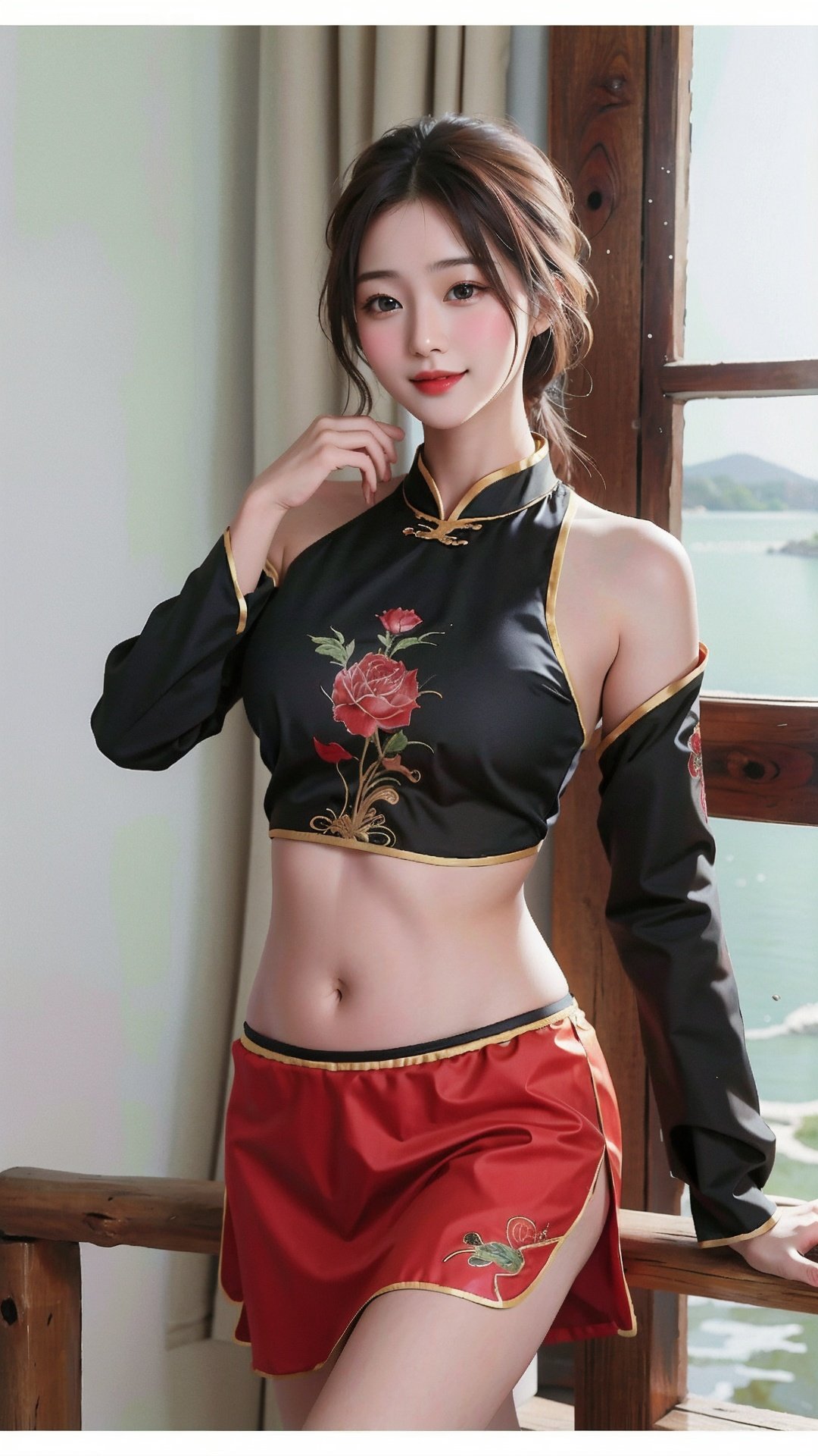 (8k, best quality, masterpiece:1.2), (realistic, photo-realistic:1.37),ultra-detailed, cute,detailed, zhongguodudouxin,<lora:zhongguodudouxin2-000007:0.7>,1 girl, standing by the lake, wearing a bellyband, showing a sweet smile, upper body perspective,wearing a skirt