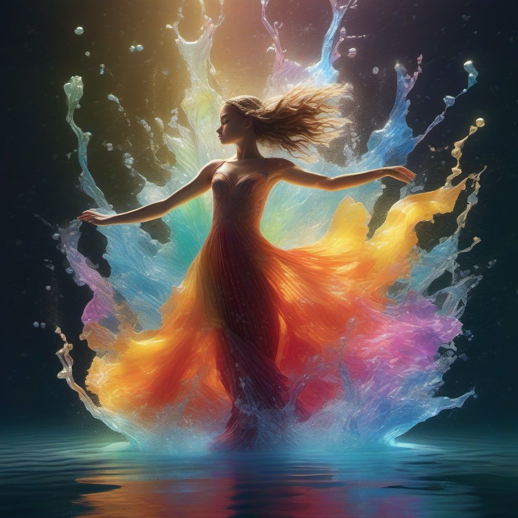 A girl Dancing like Dissolving colorful ink in clear water, stunning vfx, vivid, fluid motion, ultra realistic, transparent, , Broken Glass effect, no background, molecular, textures,breathtaking beauty, pure perfection,Volumetric light, auras, rays, vivid colors reflects, centered, symmetry, painted, intricate, volumetric lighting, beautiful, rich deep colors masterpiece, sharp focus, ultra detailed, in the style of dan mumford and marc simonetti, astrophotography