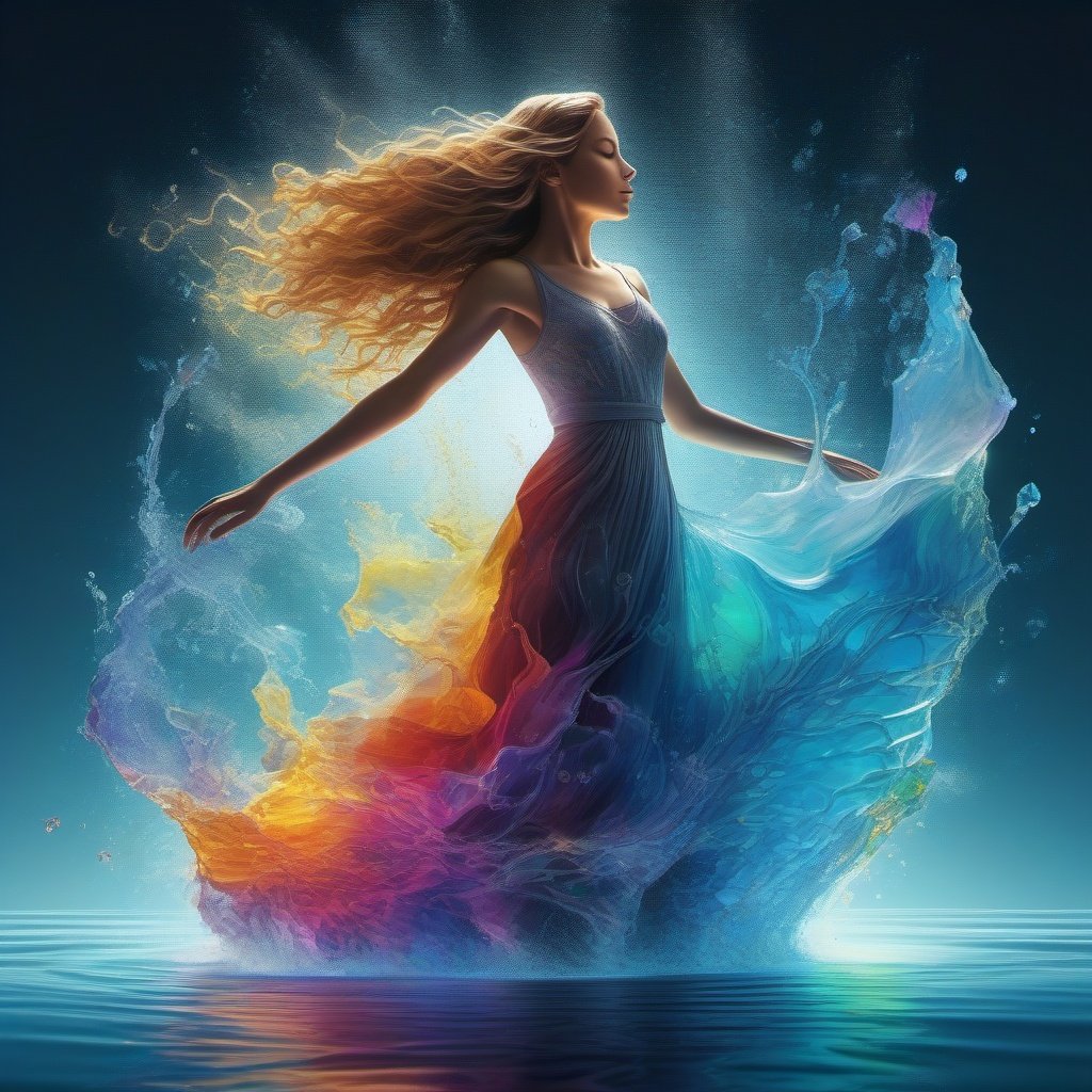 A girl Dancing like Dissolving colorful ink in clear water, stunning vfx, vivid, fluid motion, transparent, , Broken Glass effect, no background, molecular, textures,breathtaking beauty, pure perfection,Volumetric light, auras, rays, vivid colors reflects, centered, symmetry, painted, intricate, volumetric lighting, beautiful, rich deep colors masterpiece, sharp focus, ultra detailed, in the style of dan mumford and marc simonetti, astrophotography