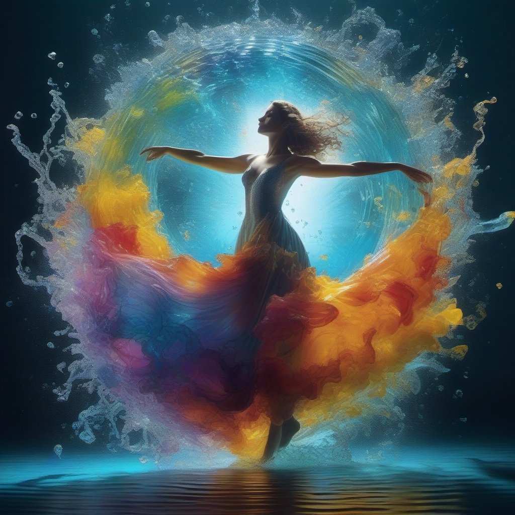 A girl Dancing like Dissolving colorful ink in clear water, stunning vfx, vivid, fluid motion, transparent, , Broken Glass effect, no background, molecular, textures,breathtaking beauty, pure perfection,Volumetric light, auras, rays, vivid colors reflects, centered, symmetry, painted, intricate, volumetric lighting, beautiful, rich deep colors masterpiece, sharp focus, ultra detailed, in the style of dan mumford and marc simonetti, astrophotography