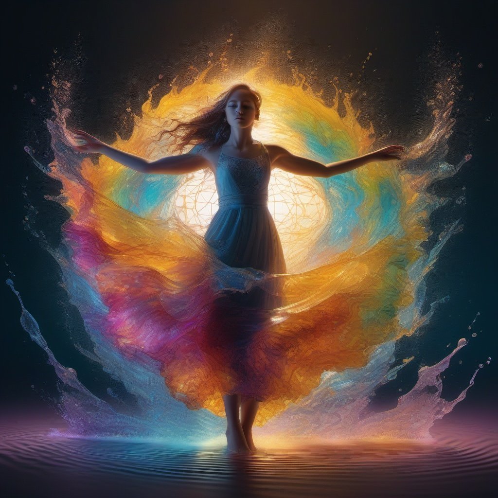 A girl Dancing like Dissolving colorful ink in clear water, stunning vfx, vivid, fluid motion, transparent, , Broken Glass effect, no background, molecular, textures,breathtaking beauty, pure perfection,Volumetric light, auras, rays, vivid colors reflects, centered, symmetry, painted, intricate, volumetric lighting, beautiful, rich deep colors masterpiece, sharp focus, ultra detailed, in the style of dan mumford and marc simonetti, astrophotography