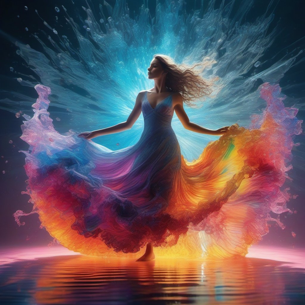 A girl Dancing like Dissolving colorful ink in clear water, stunning vfx, vivid, fluid motion, transparent, , Broken Glass effect, no background, molecular, textures,breathtaking beauty, pure perfection,Volumetric light, auras, rays, vivid colors reflects, centered, symmetry, painted, intricate, volumetric lighting, beautiful, rich deep colors masterpiece, sharp focus, ultra detailed, in the style of dan mumford and marc simonetti, astrophotography