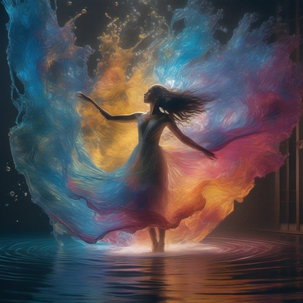 A girl Dancing like Dissolving colorful ink in clear water, stunning vfx, vivid, fluid motion, transparent, , Broken Glass effect, no background, molecular, textures,breathtaking beauty, pure perfection,Volumetric light, auras, rays, vivid colors reflects, centered, symmetry, painted, intricate, volumetric lighting, beautiful, rich deep colors masterpiece, sharp focus, ultra detailed, in the style of dan mumford and marc simonetti, astrophotography