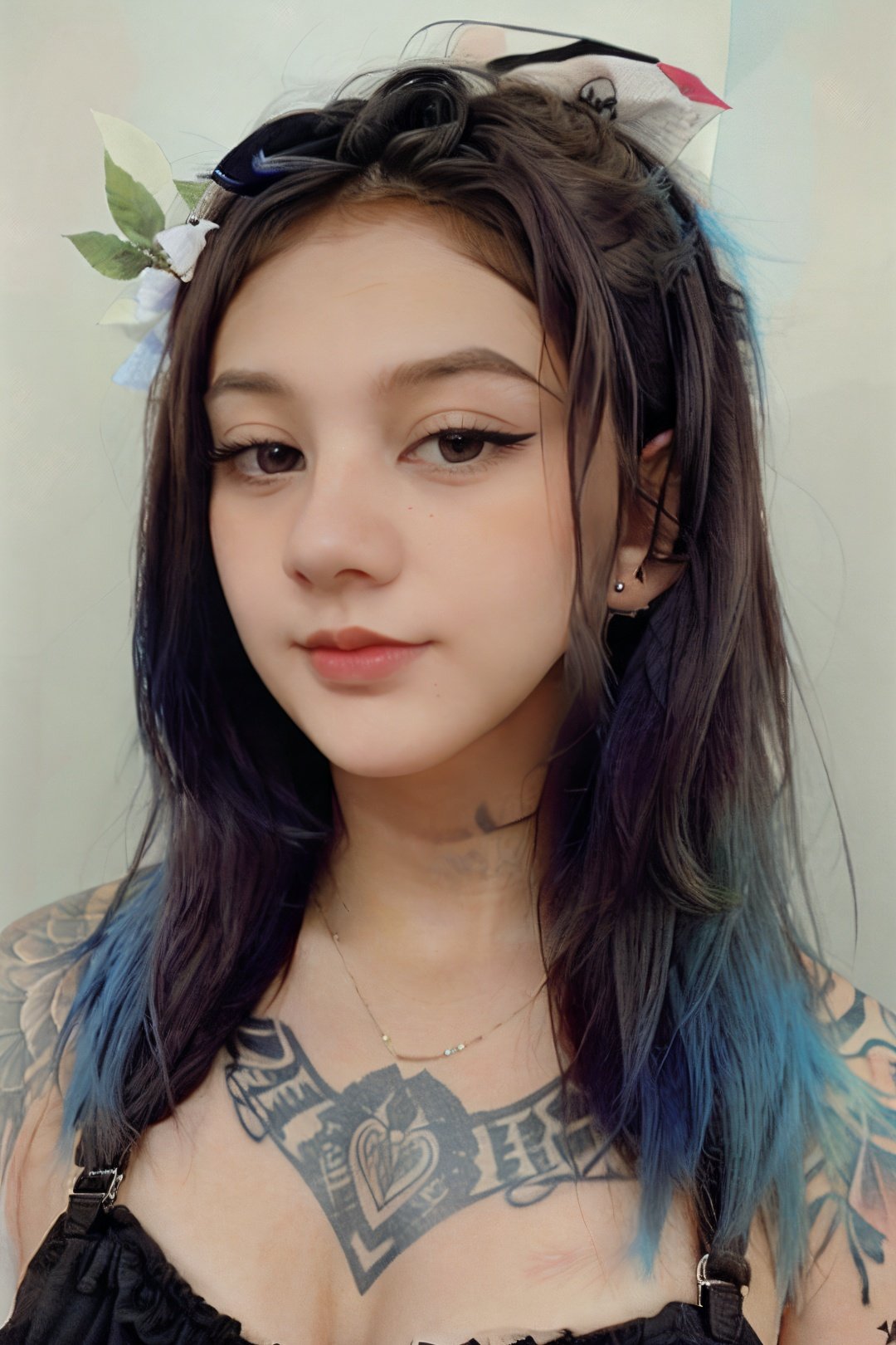 Alternative cute girl model, sweet face, realistic, high_resolution, blue_background, Punk style, distopic, tattooed girl,<lora:n0t-02:1>