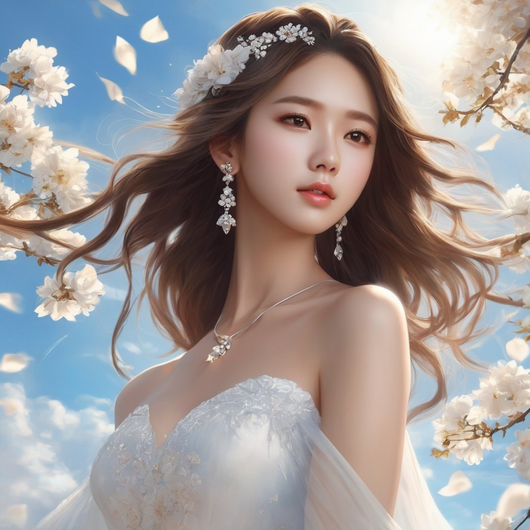 masterpiece, 1 girl, Look at me, Black eyes, Long brown hair, Diamond stud earrings, white wedding dress, Upper body, Outdoor, Light blue sky, Clouds, Garden, Flying petals, There is plenty of sunshine, Asian, Close-up, Realism, textured skin, super detail, best quality