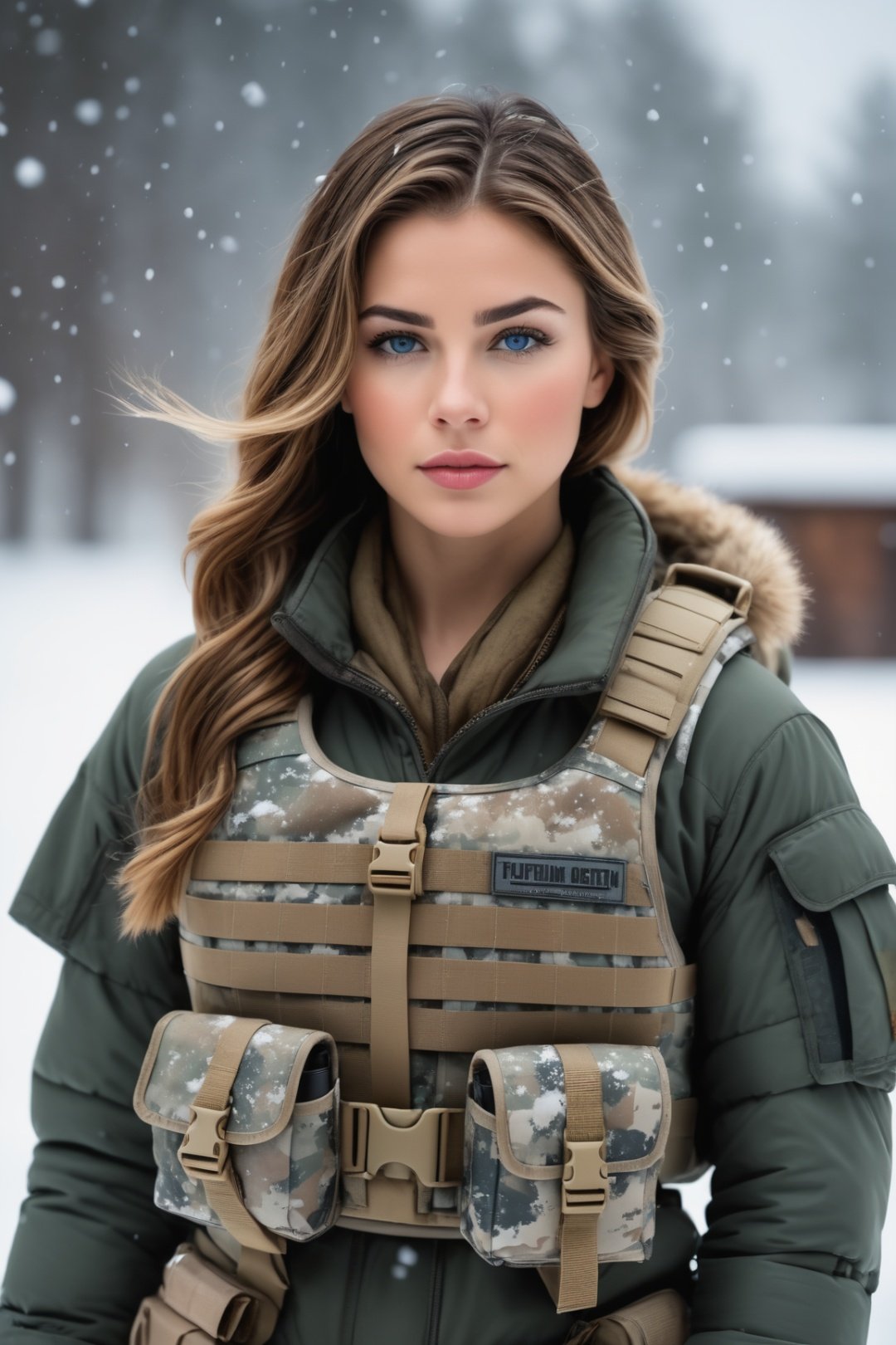 (photorealistic), beautiful lighting, best quality, realistic, full body portrait, real picture, intricate details, depth of field, 1girl, in a cold snowstorm, A very muscular solider girl with haircut, wearing winter camo military fatigues, camo plate carrier rig, combat gloves, (magazin pouches), (kneepads), highly-detailed, perfect face, blue eyes, lips, wide hips, small waist, tall, make up, tacticool, Fujifilm XT3, outdoors, bright day, Beautiful lighting, RAW photo, 8k uhd, film grain, ((bokeh))