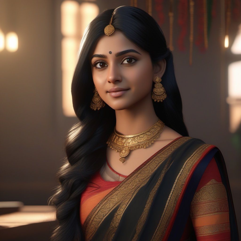 full scene, Modern Bengali girl, teenager girl, normal saree, long black hair, head and shoulders portrait, analog style,  thin eyebrow, 8k resolution,  dynamic lighting, volumetric lighting,Unreal Engine 5