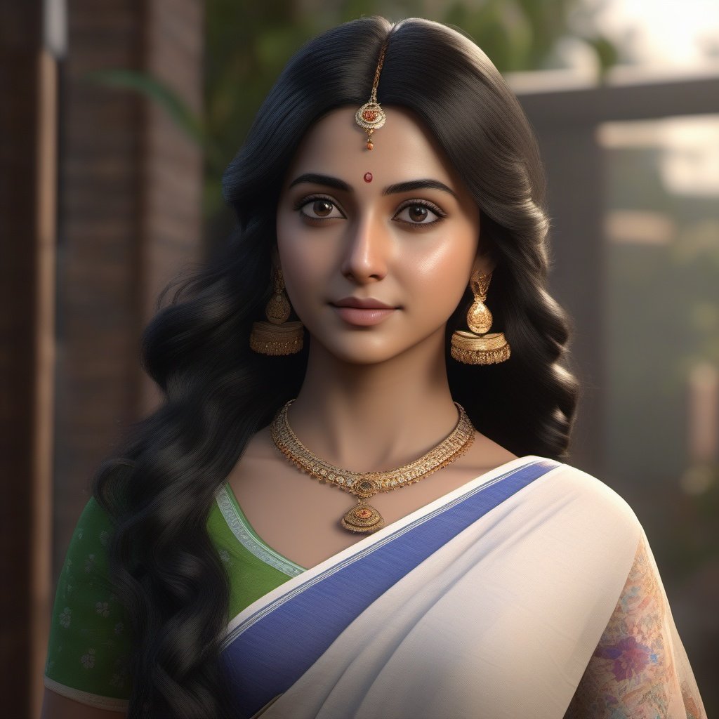 full scene, Modern Bengali girl, teenager girl, normal saree, long black hair, head and shoulders portrait, analog style,  thin eyebrow, 8k resolution,  dynamic lighting, volumetric lighting,Unreal Engine 5