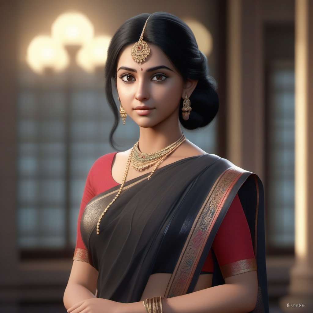 full scene, Modern Bengali girl, teenager girl, normal saree, long black hair, head and shoulders portrait, analog style,  thin eyebrow, 8k resolution,  dynamic lighting, volumetric lighting,Unreal Engine 5