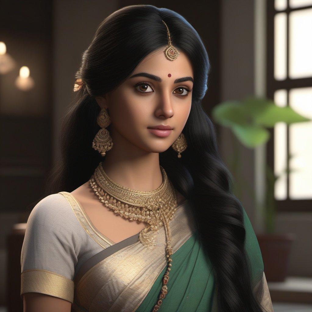 full scene, Modern Bengali girl, teenager girl, normal saree, long black hair, head and shoulders portrait, analog style,  thin eyebrow, 8k resolution,  dynamic lighting, volumetric lighting,Unreal Engine 5